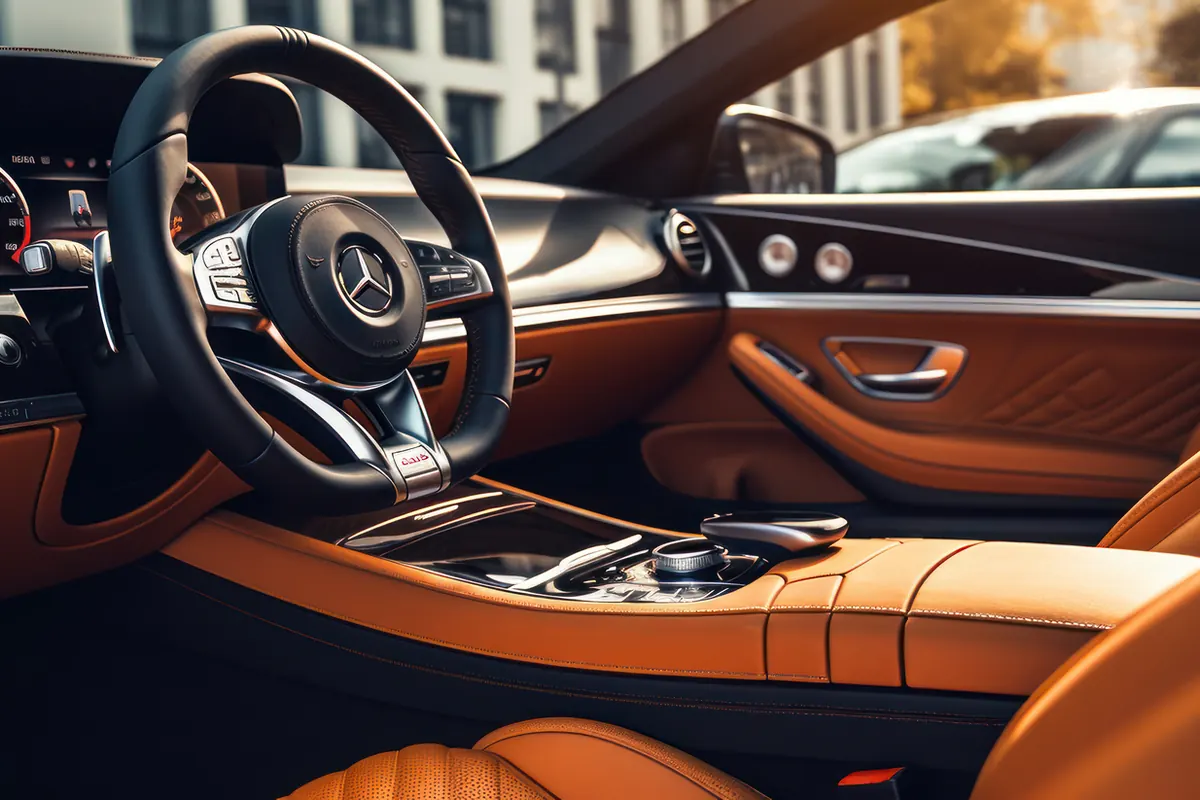 The leather interior of a Blacklux sedan