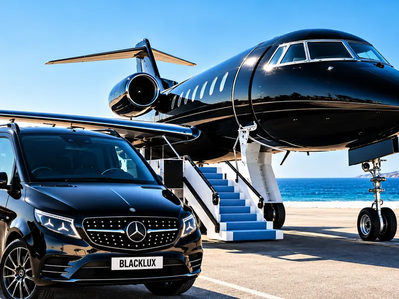 A Blacklux van waiting beside a private jet on the apron