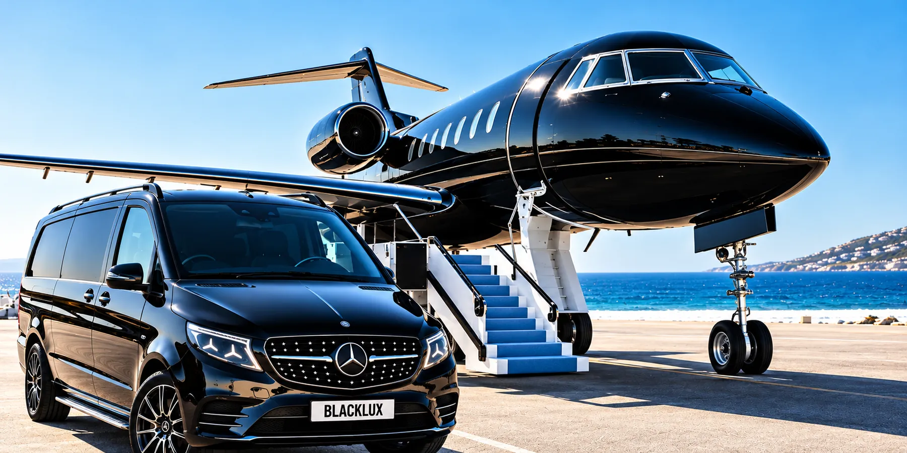 A Blacklux van waiting beside a private jet on the apron