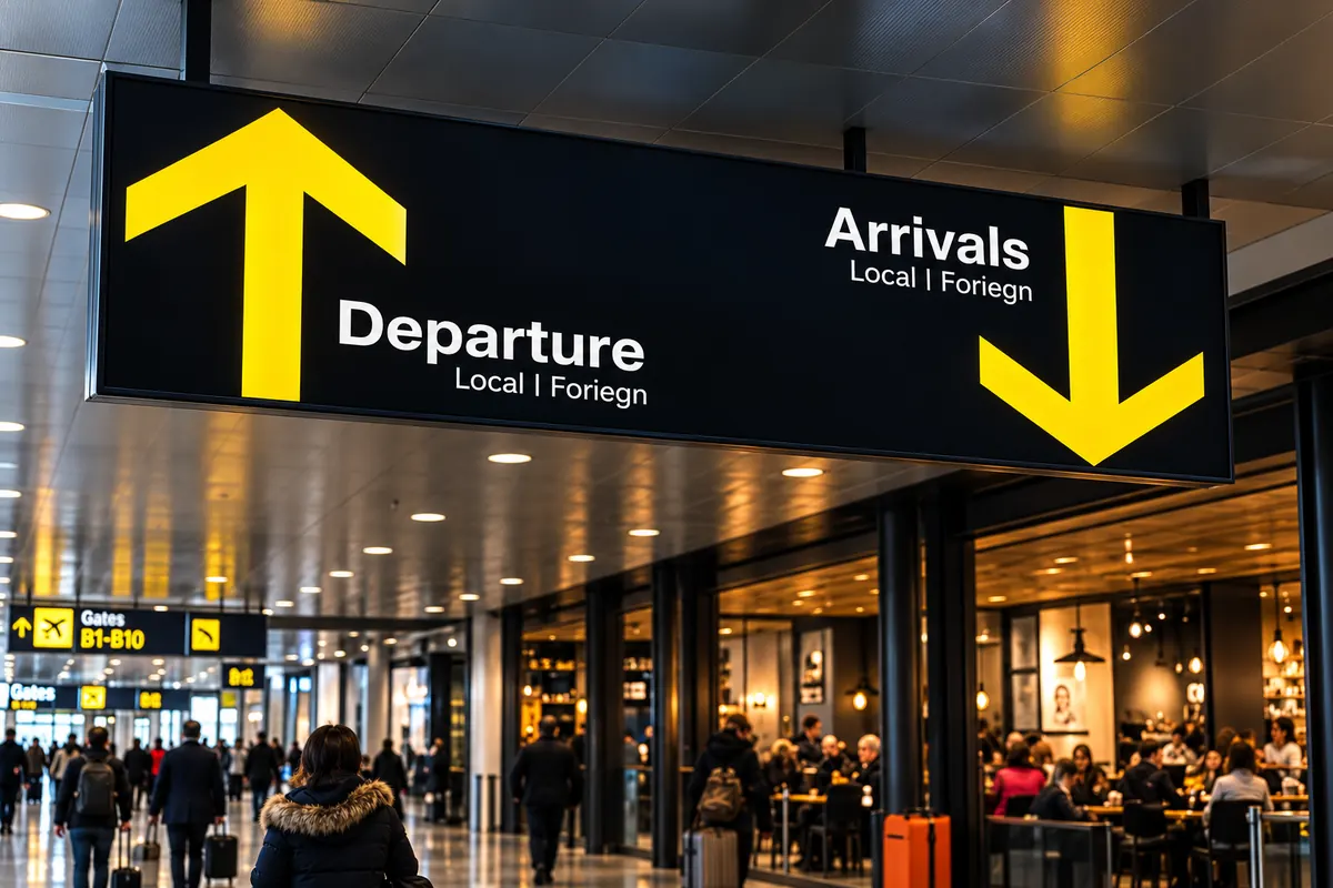 Arrivals and departures signs in an airport terminal