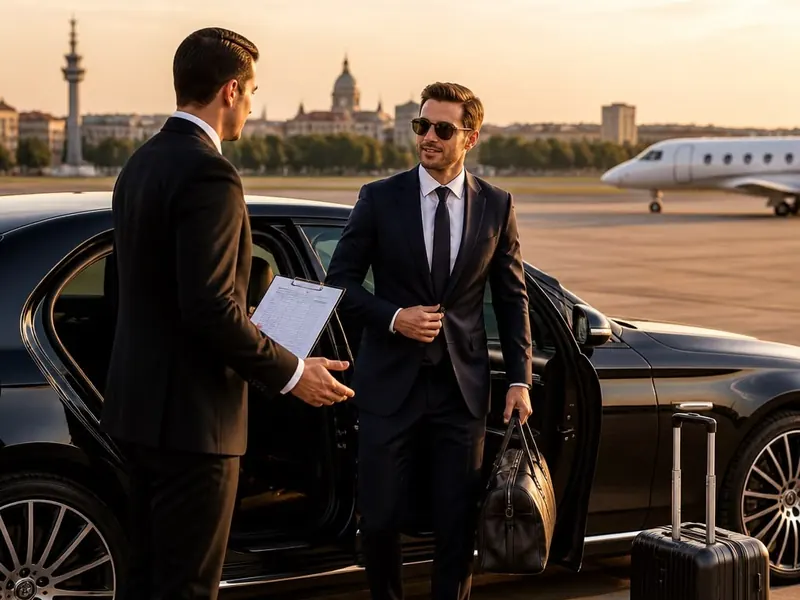 Two executives meeting beside a car on the apron