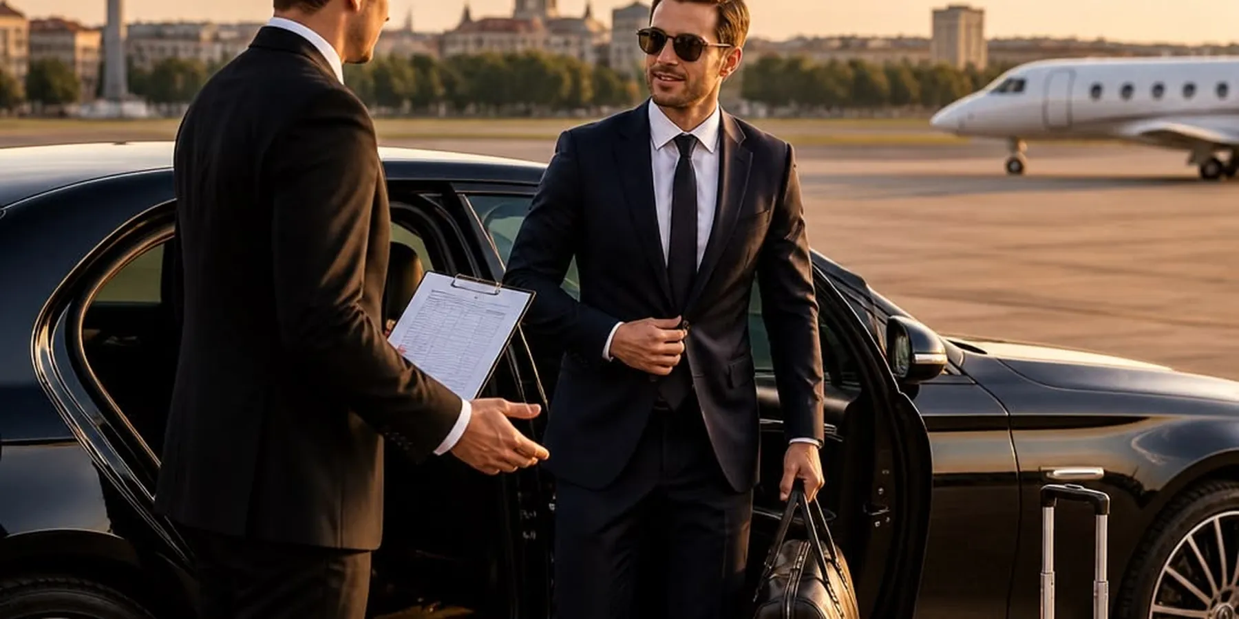 Two Blacklux chauffeurs on the apron next to a sedan and a private jet