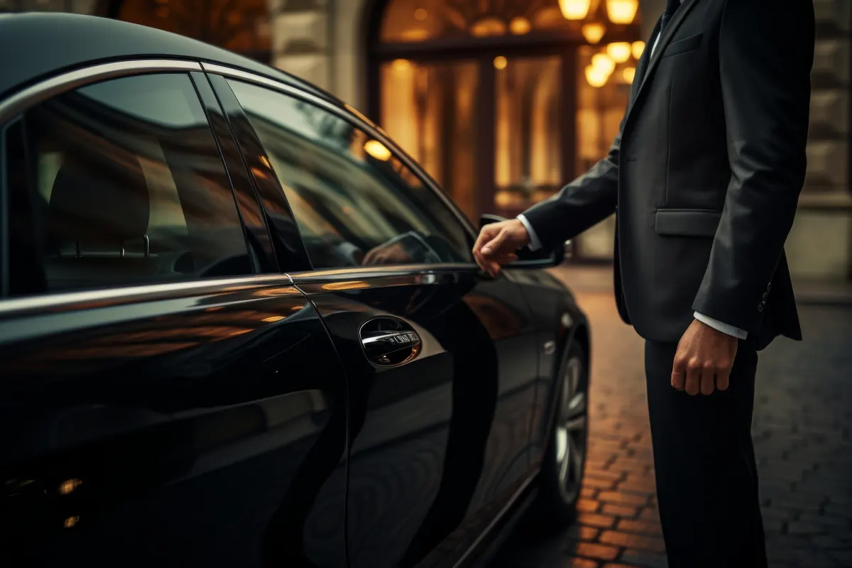 A chauffeur opening the door of a black sedan