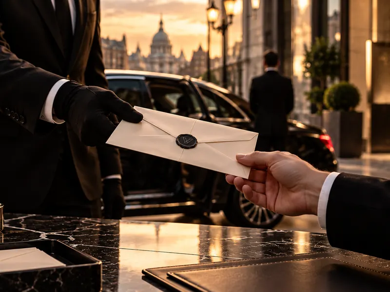 A sealed envelope handed over at a hotel desk