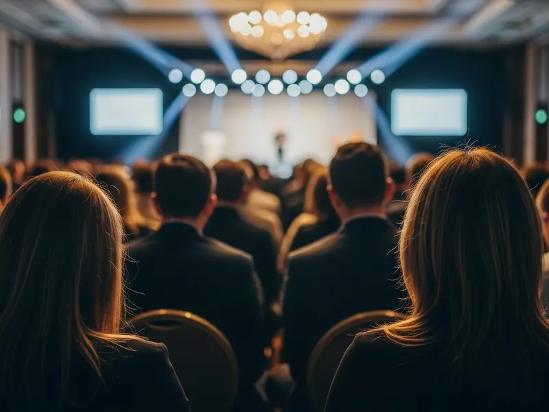 An audience in a lit congress hall