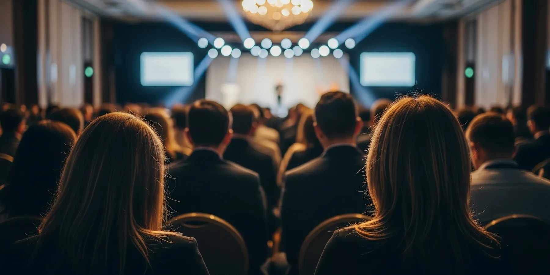 An audience facing the stage at a conference