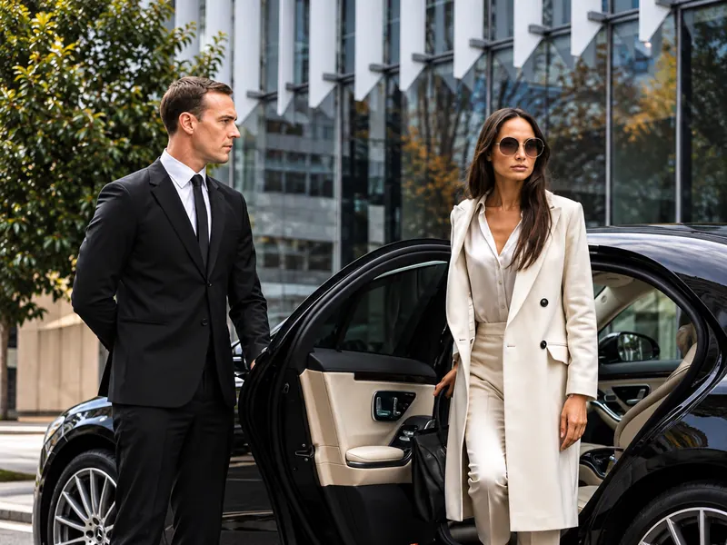 A chauffeur and a passenger beside an open car door