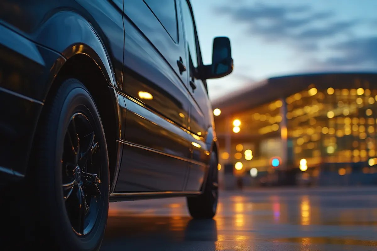 A black Blacklux van parked outside a lit terminal at dusk