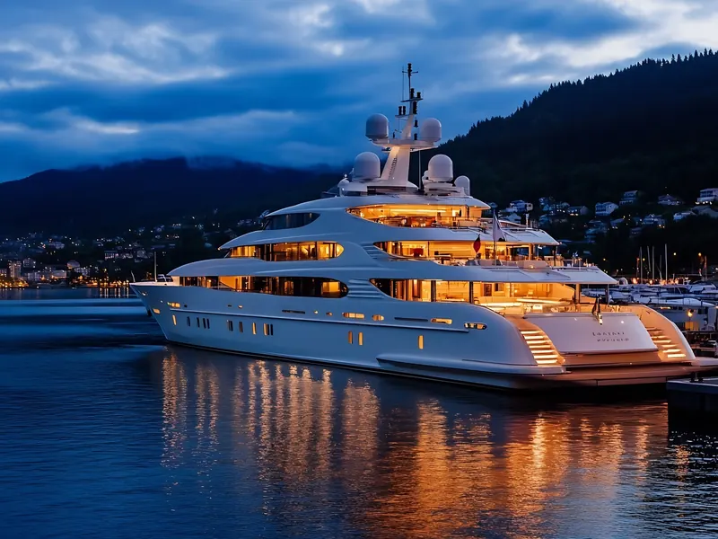 A yacht moored at dusk in a lakeside harbour