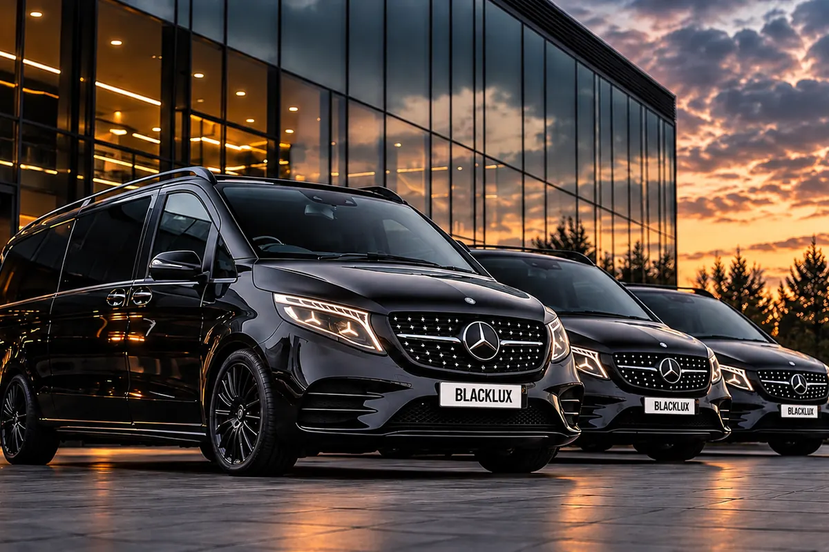 Three Blacklux V-Class vans lined up at sunset