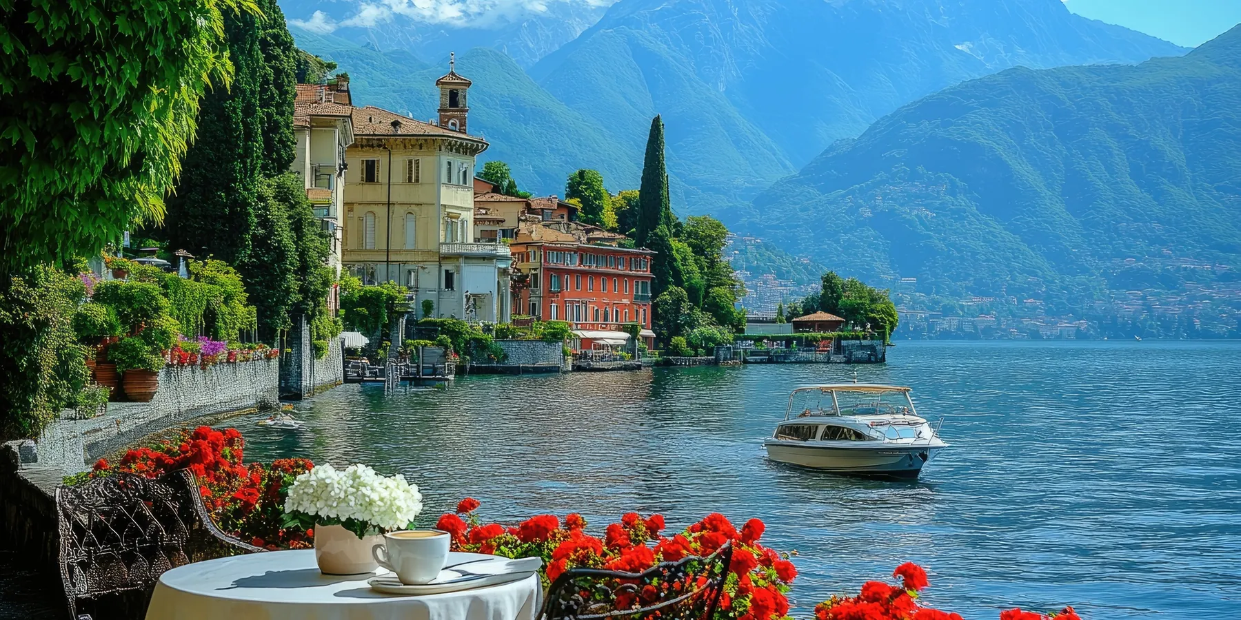 A table set by the water on Lake Como, with a motorboat passing
