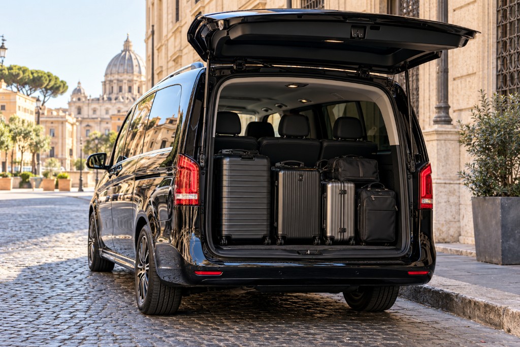 Van with luggage for a Rome Fiumicino Airport (FCO) transfer.