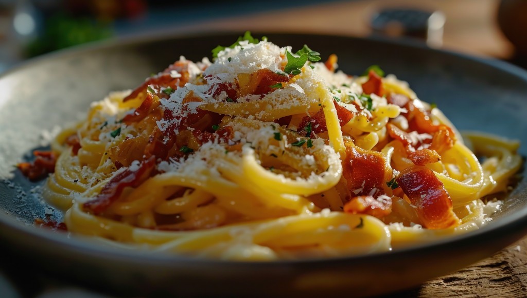 Traditional pasta alla carbonara served in Rome.