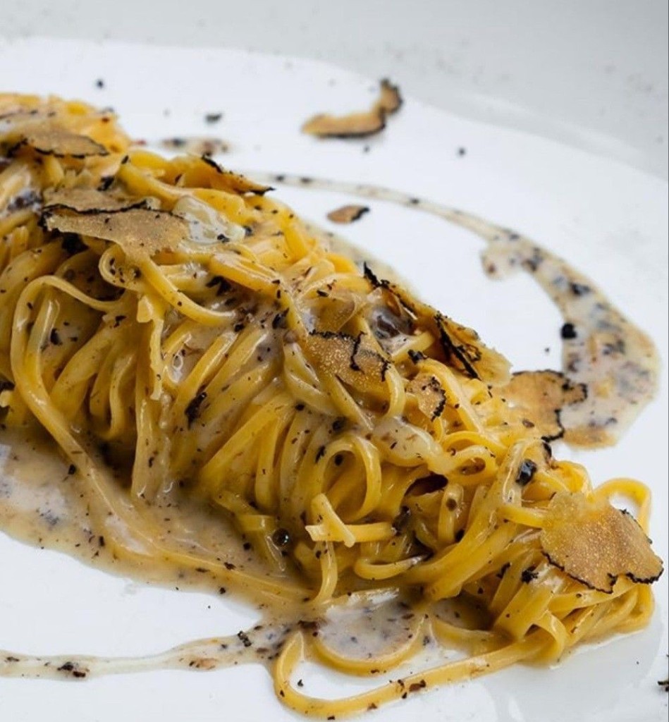 Traditional truffle tajarin pasta served in the Langhe area of Piedmont.