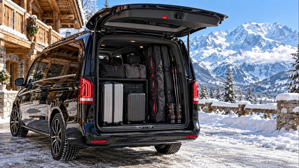 Van with suitcases and ski bags 