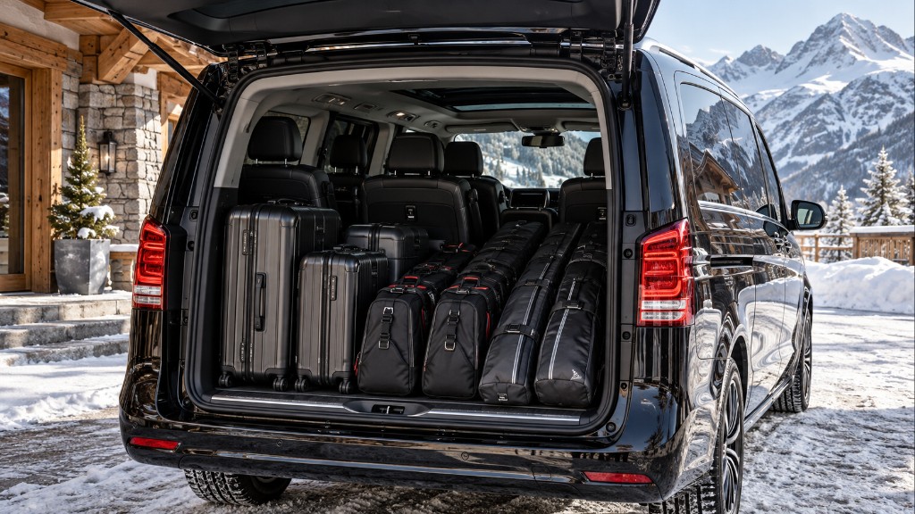 Van with luggage and ski equipment
