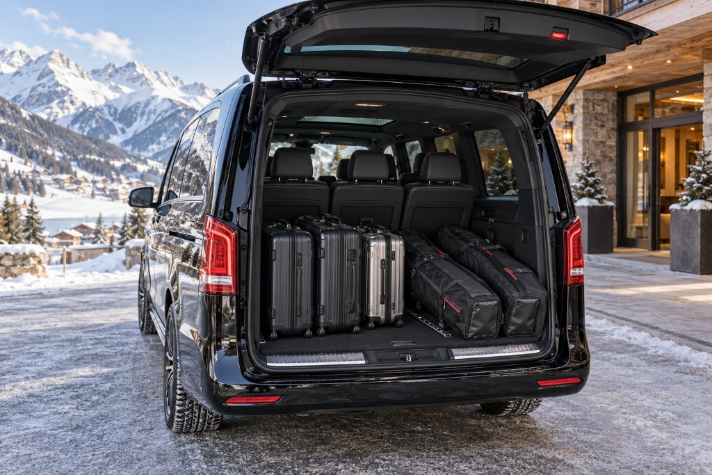 Van with suitcases and ski bags