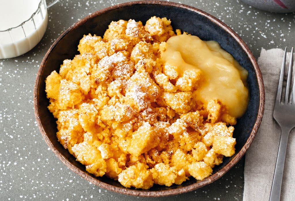 Traditional Vorarlberg Riebel served with applesauce.