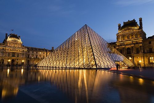 The Louvre glass pyramid surrounded by the museum’s historic courtyard buildings.