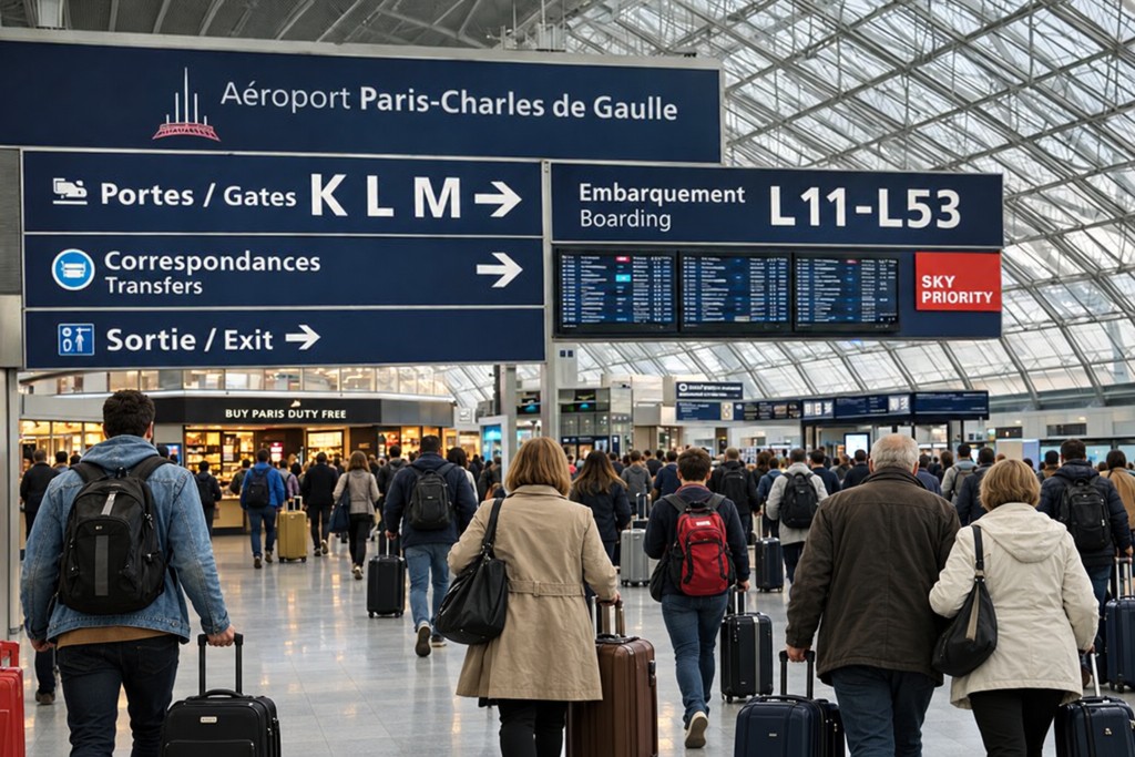Terminal exterior and directional signs at Paris Charles de Gaulle Airport.
