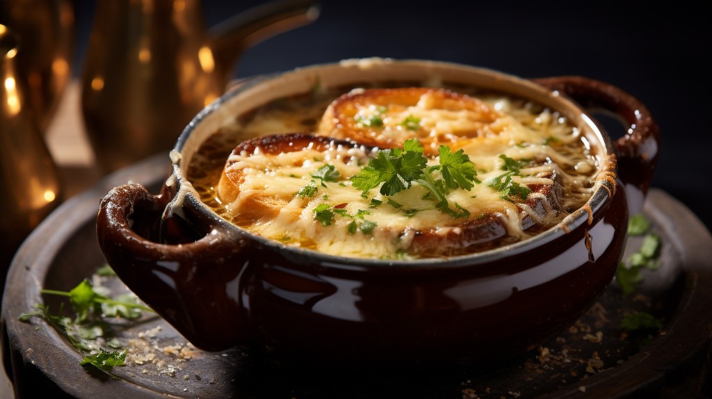 French onion soup topped with bread and melted cheese in an individual bowl.
