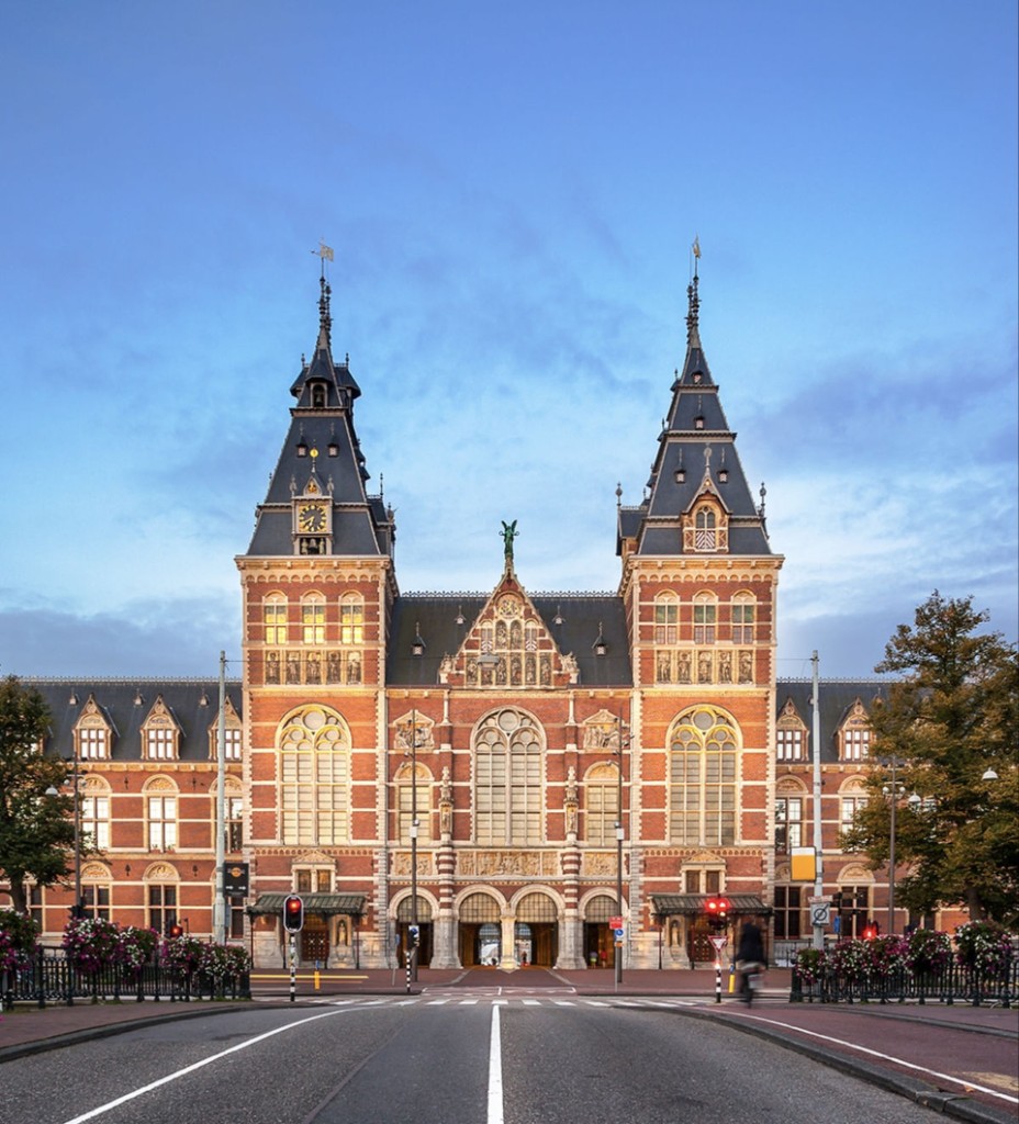 The Rijksmuseum building viewed from Museumplein in Amsterdam.