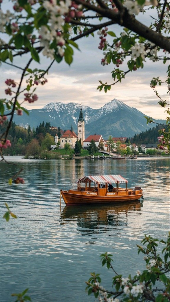 A traditional pletna boat on Lake Bled with Bled Island in the background.