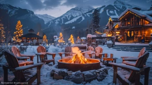 Luxury outdoor fire pit on the snow with mountain chalet background at sunset
