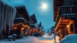 Charming alpine village at night with snow-covered chalets and bright moon