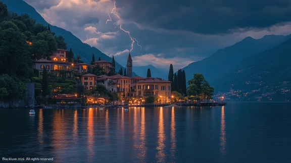 Bellagio Zurich Airport transfer: a stunning view of Bellagio at night with luxury lights reflecting on Lake Como.