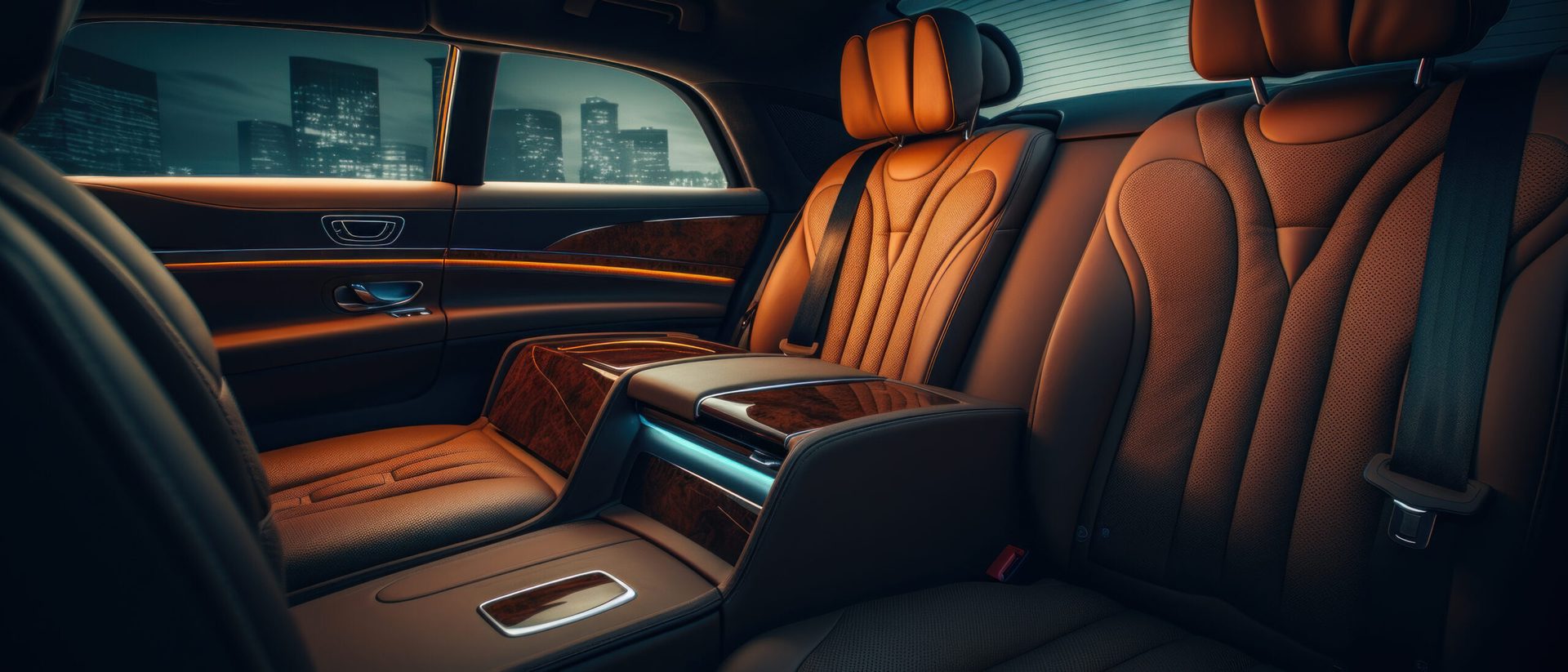 Luxury car interior with tan leather seats and premium wood trim for Blacklux chauffeur service.
