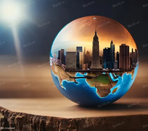 Crystal ball reflecting a luxury city skyline at sunset for global concierge services