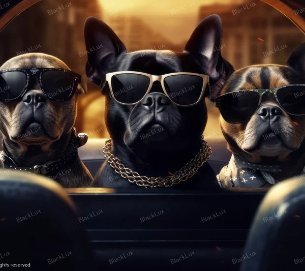 Cool French Bulldogs with sunglasses in a luxury car for pet friendly transfers
