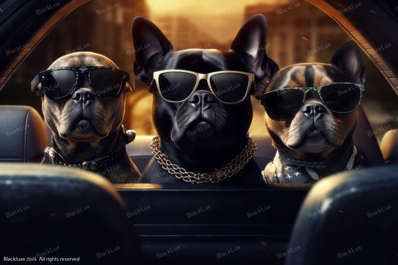 Cool French Bulldogs with sunglasses in a luxury car for pet friendly transfers