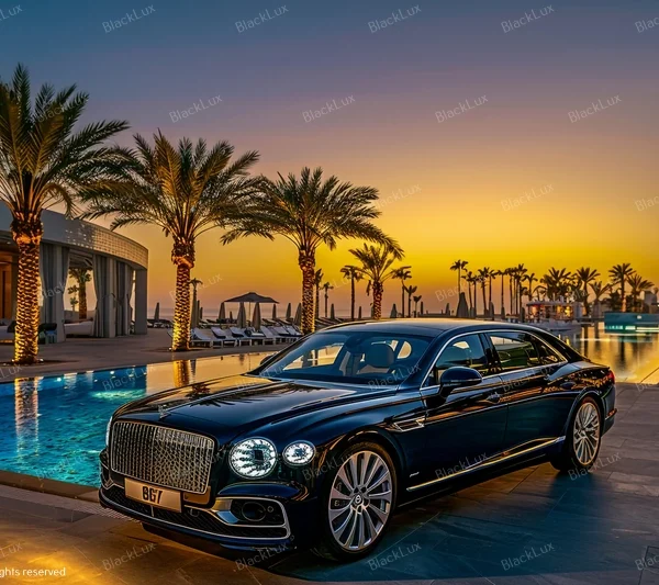 Luxury black car transfer at sunset with private jet background