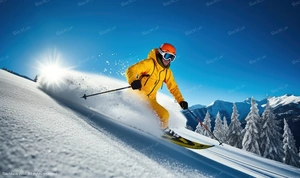 Professional skier carving on fresh snow in Courchevel luxury ski resort