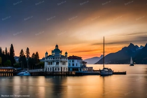 Luxury villa on Lake Como at sunset with calm water and mountain background