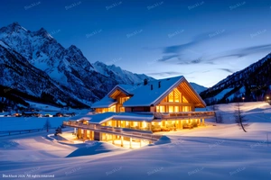 Luxury mountain chalet in Zürs at sunset with warm lights and snow