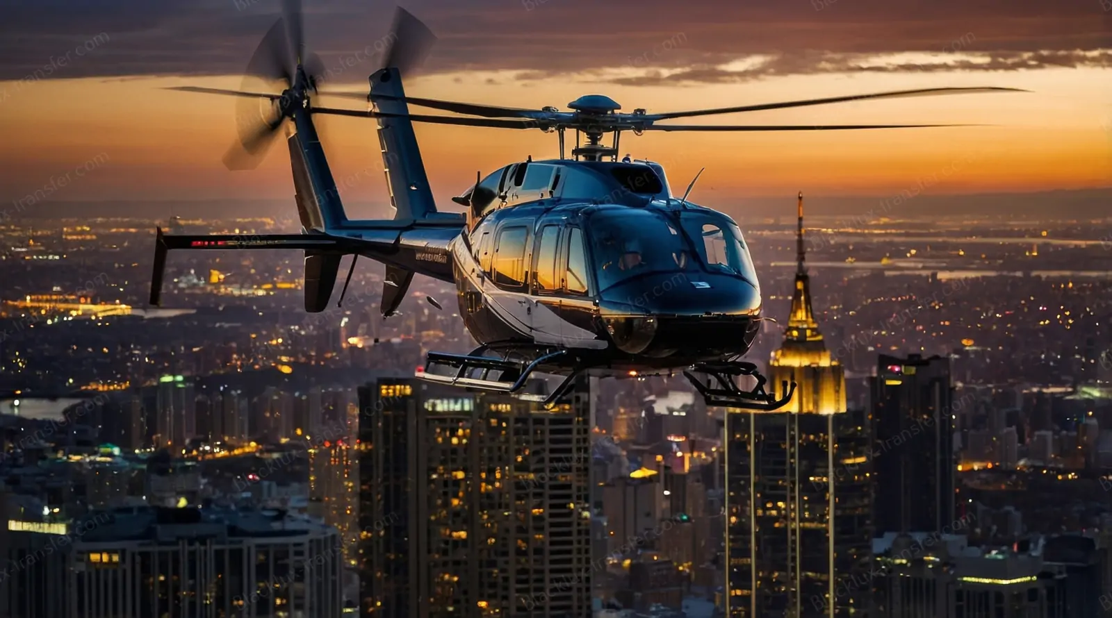 Helicopter above a city skyline at sunset