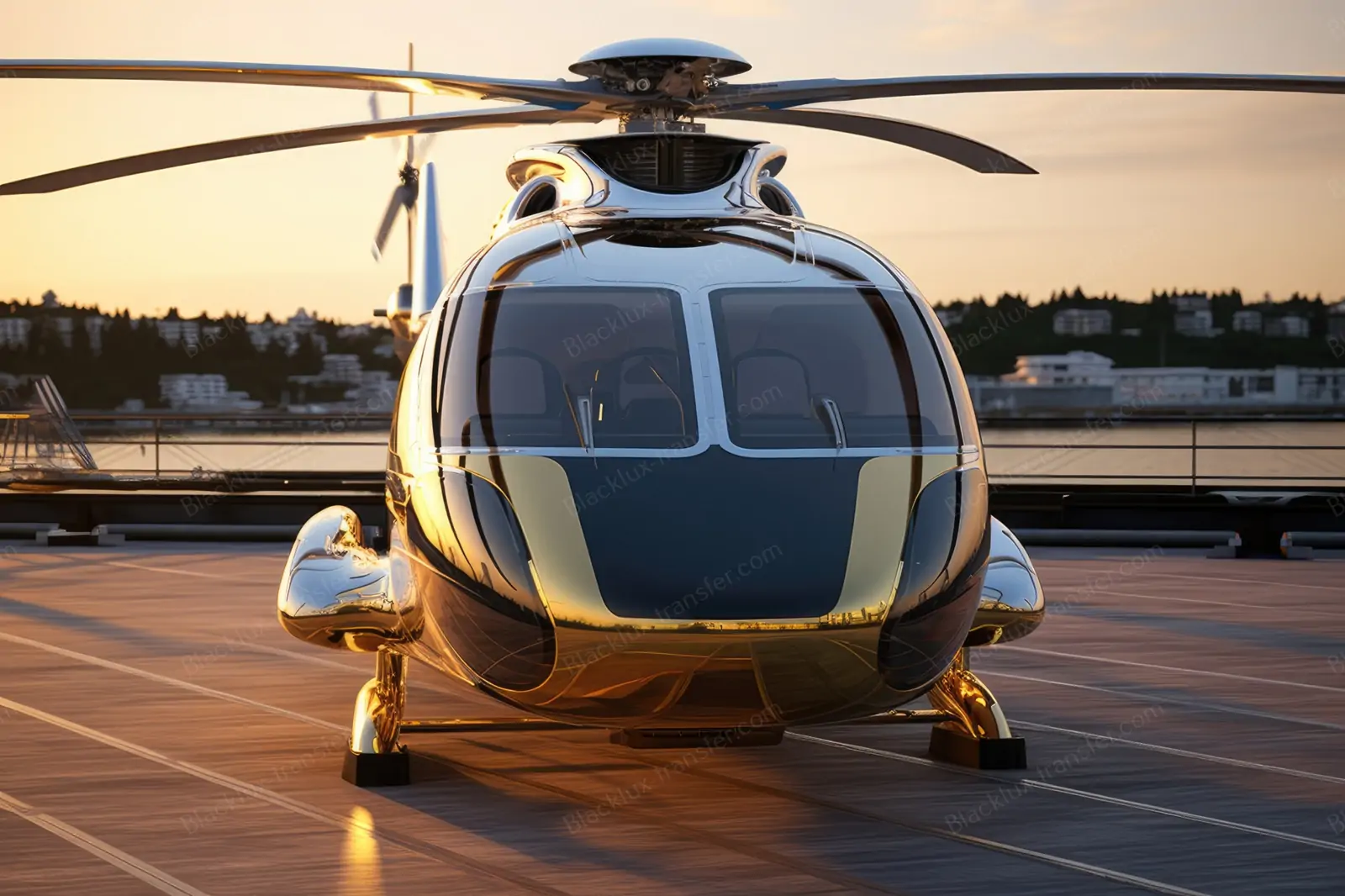 Front view of a helicopter on an airport apron at sunset