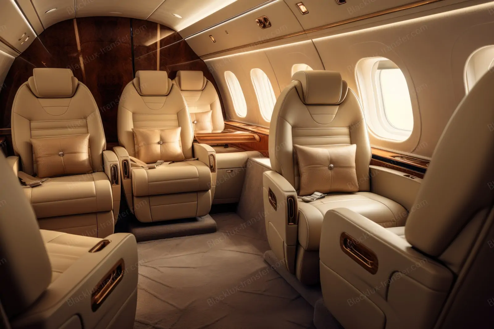 Private jet cabin with cream leather seats and warm wood finishes