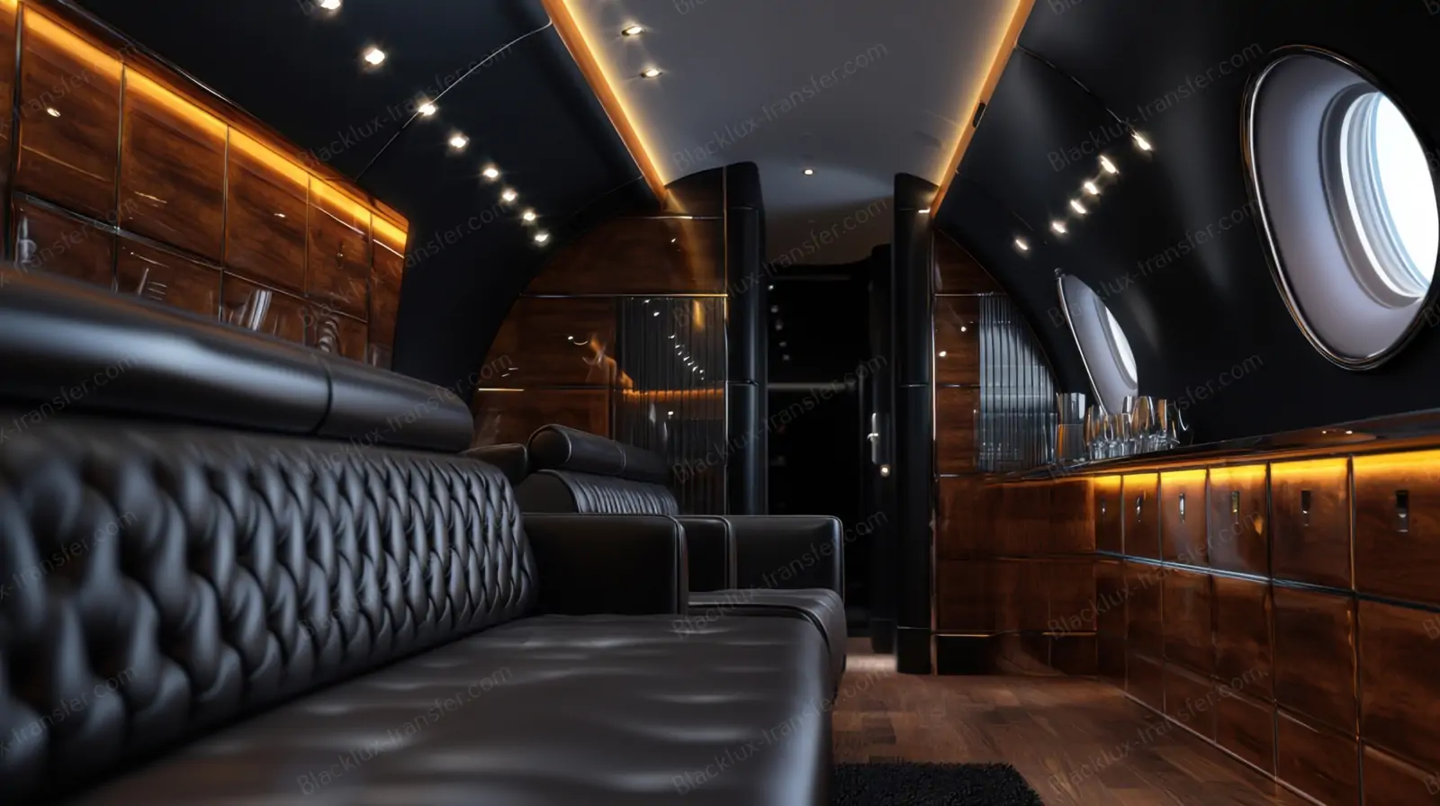 Private aircraft lounge with dark leather seating and wood finishes