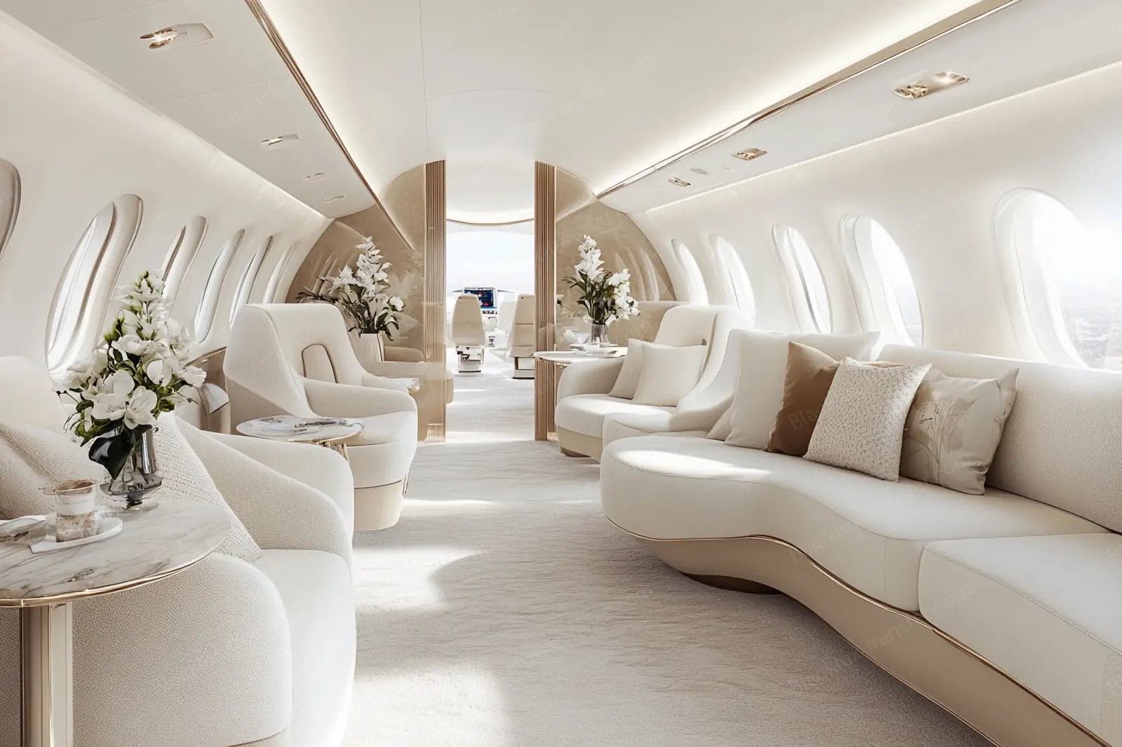 Spacious aircraft cabin with white sofas and a dining area