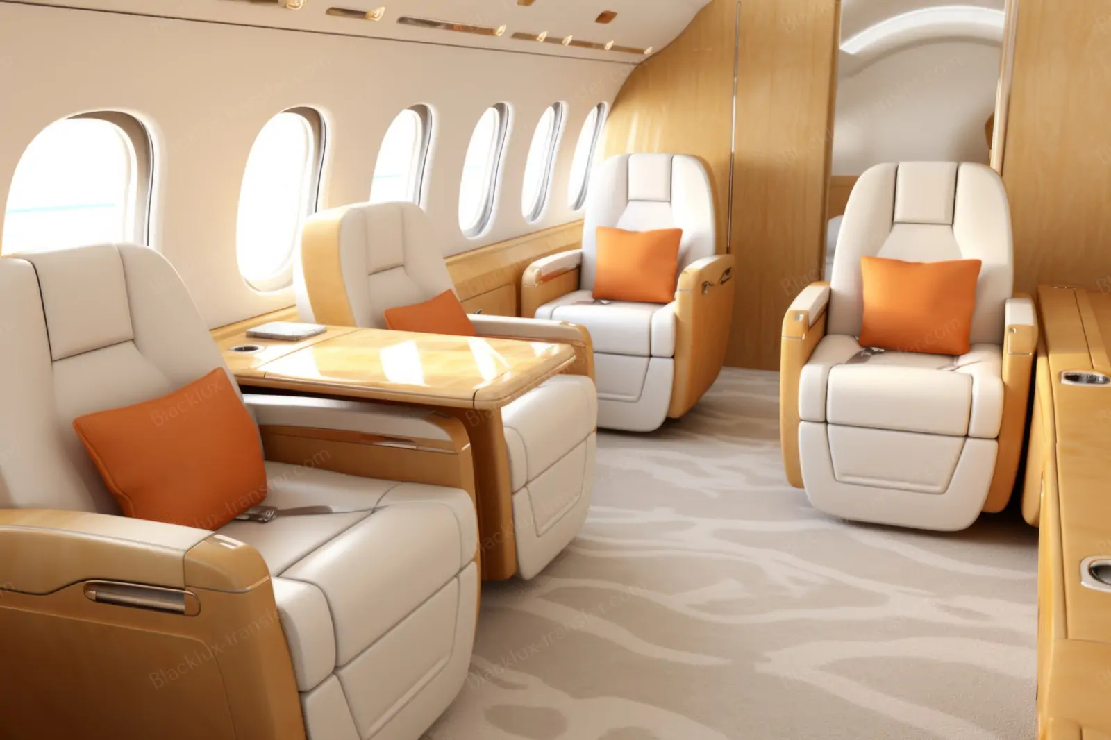 Light aircraft cabin with facing seats and a meeting table