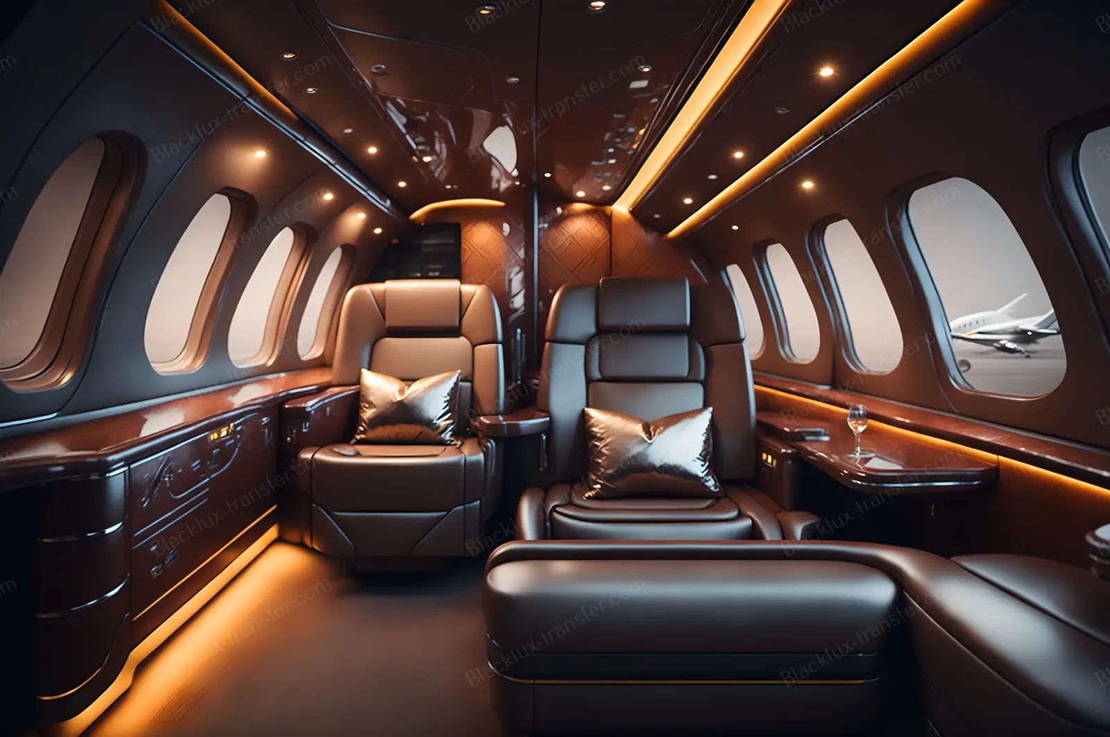 Private jet cabin with dark leather seats and warm ceiling lighting