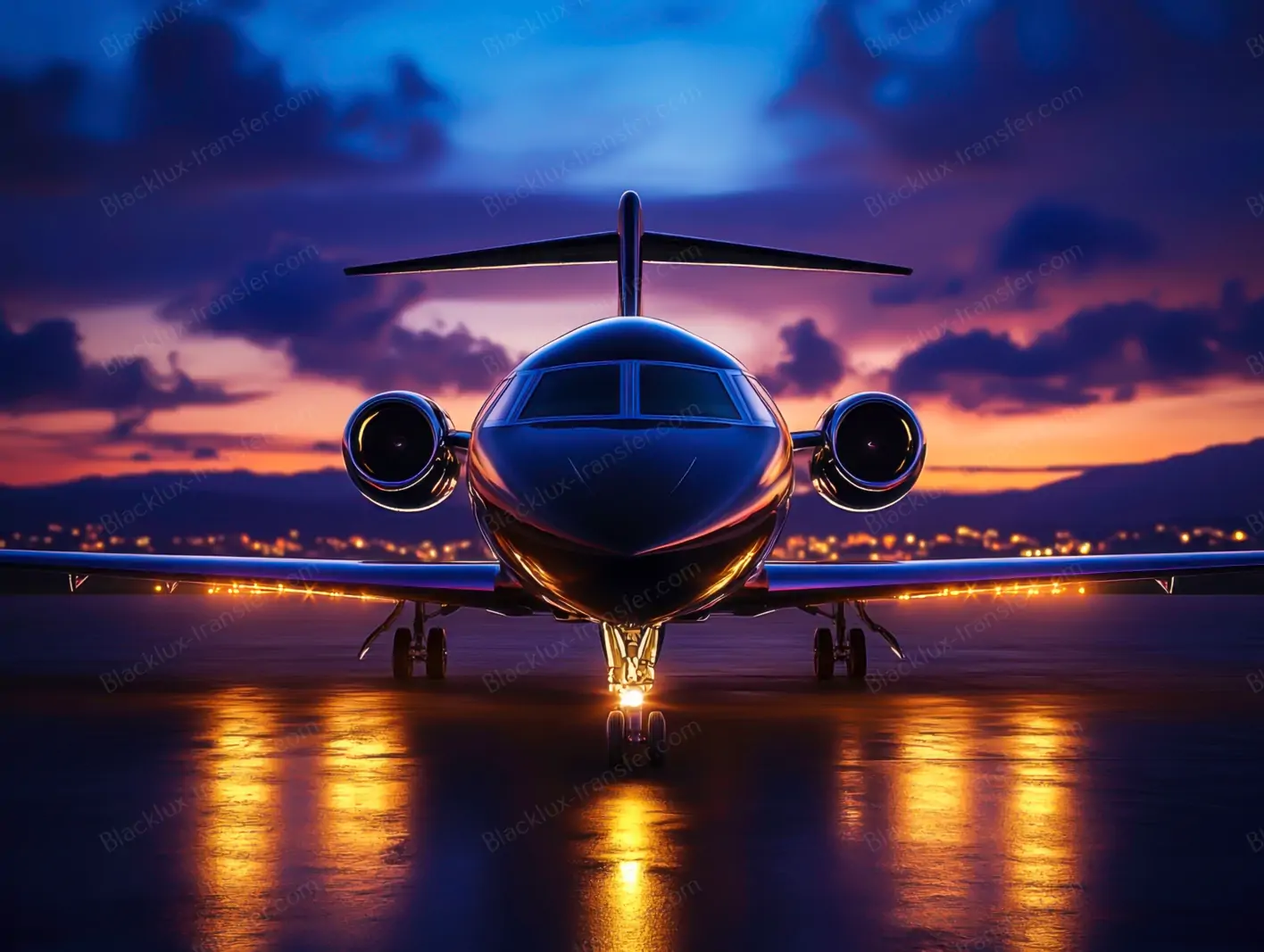 Front view of a private jet on a wet apron at dusk