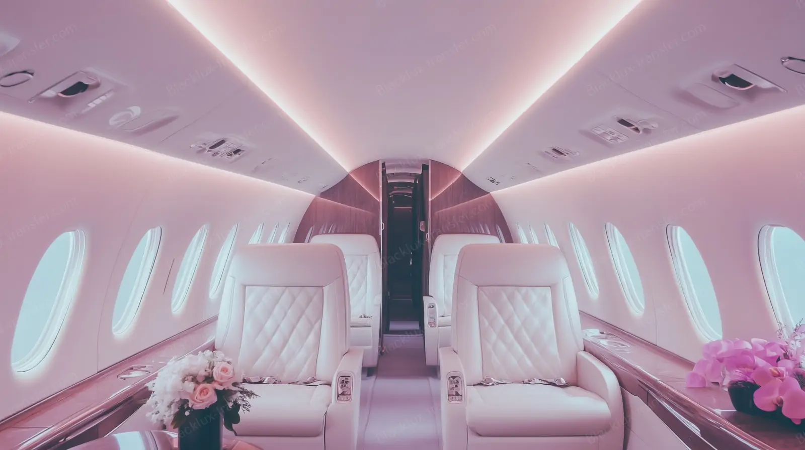 Private jet cabin with light seats and pink ambient lighting