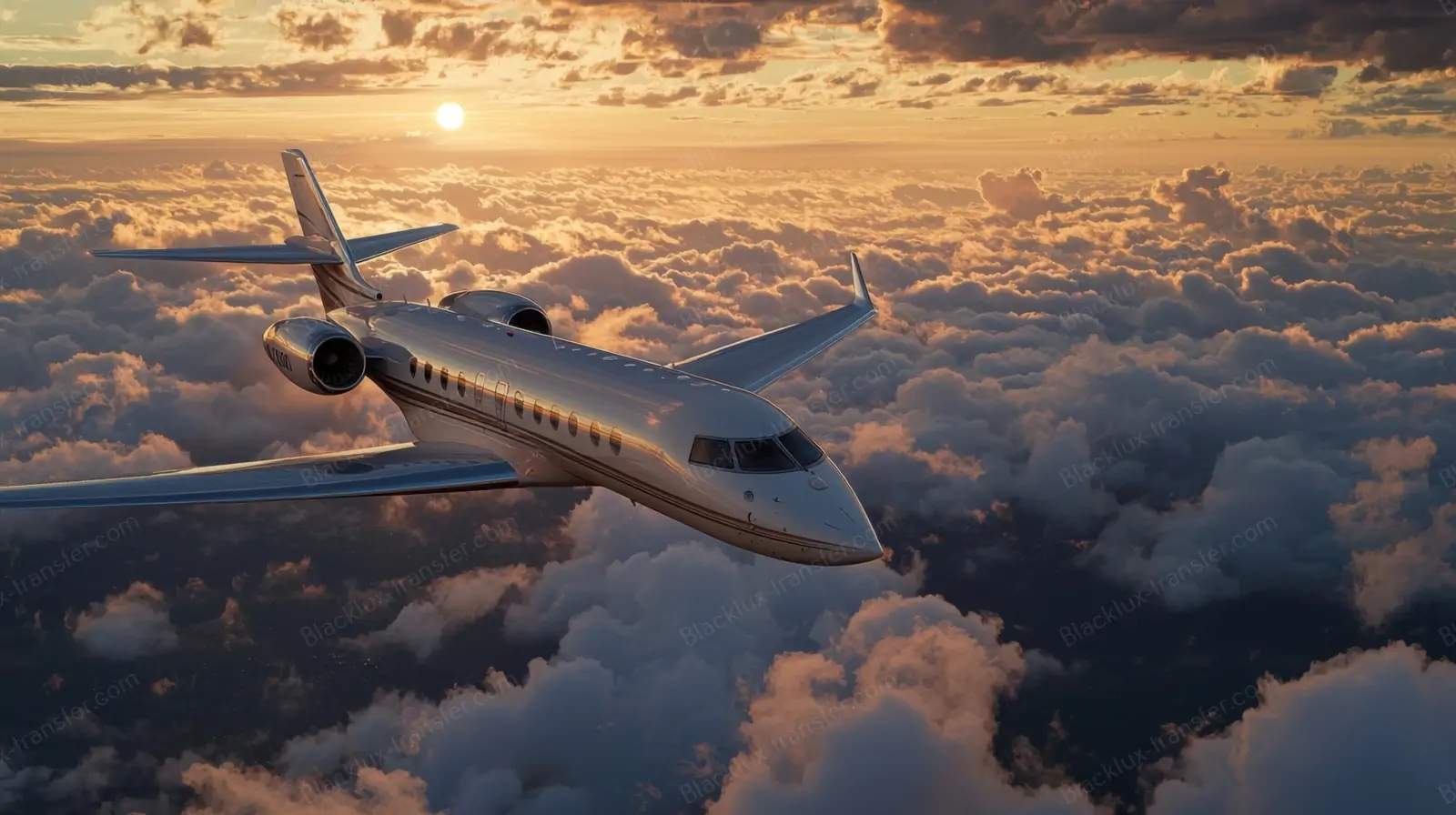 Private jet flying above clouds in evening light
