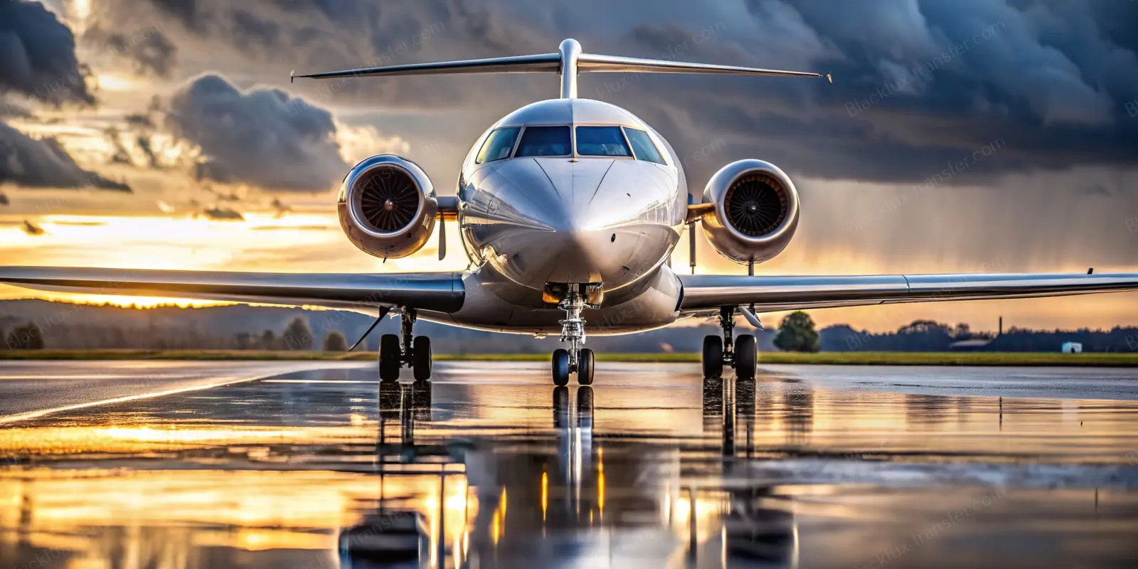 Front view of a white private jet on a reflective airport apron