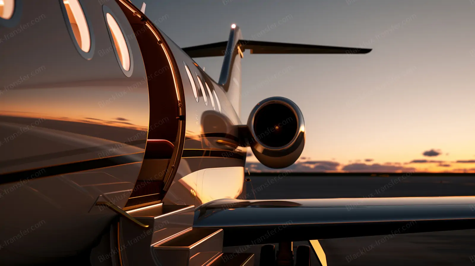 Private jet engine and rear fuselage in sunset light